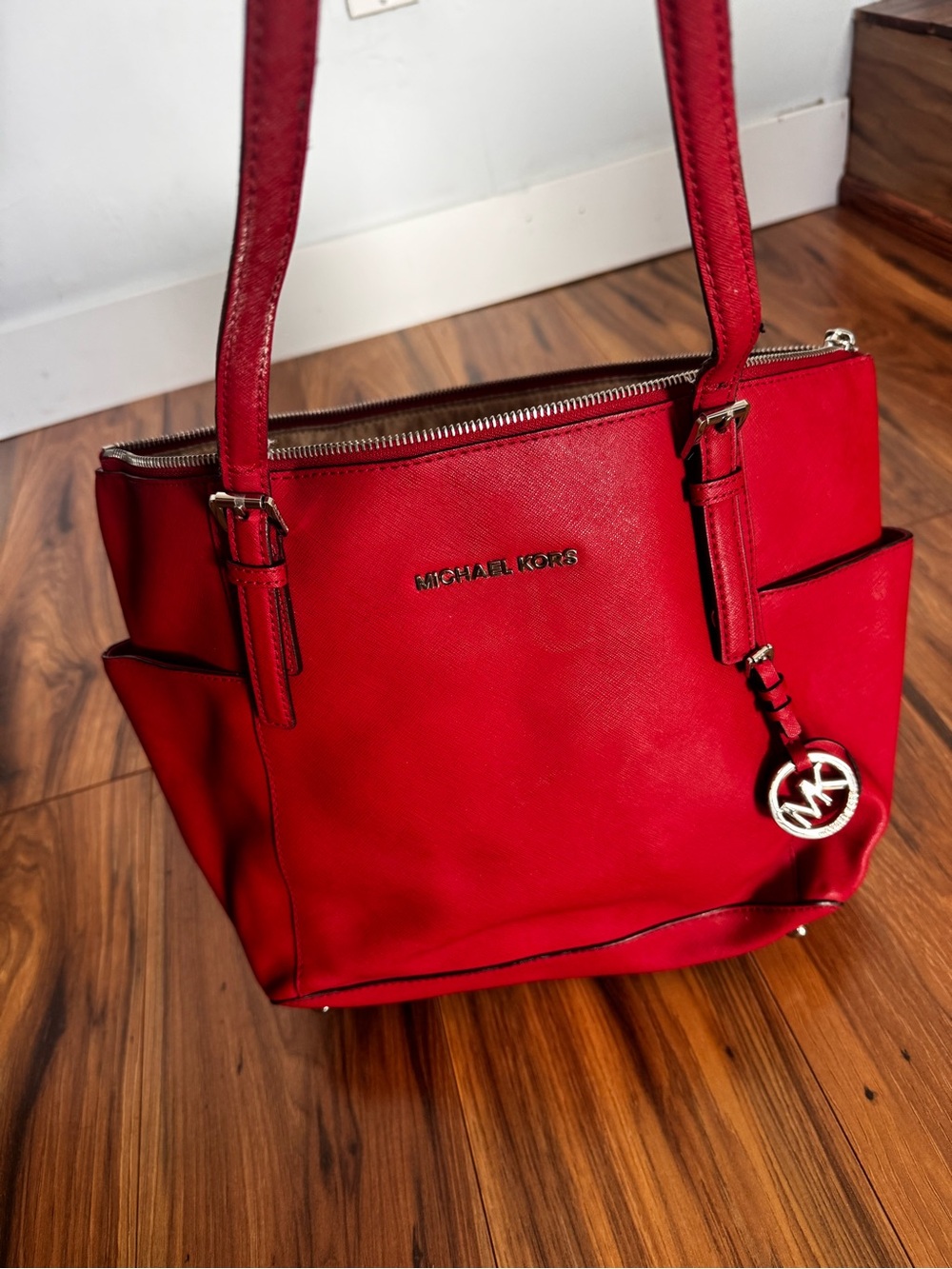 Michael Kors Red Saffiano Tote with MK Charm